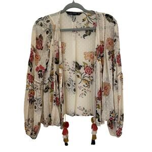 ZARA Women's XS Floral Embroidered Open Sheer Cardigan Tassels